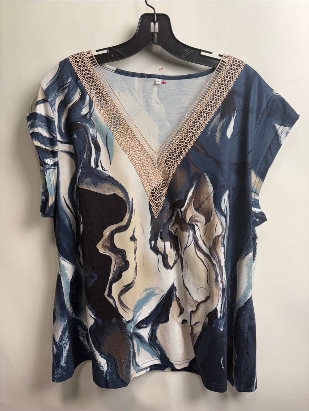 V-Neck Marble Print Blouse with Lace Trim - Navy & Cream